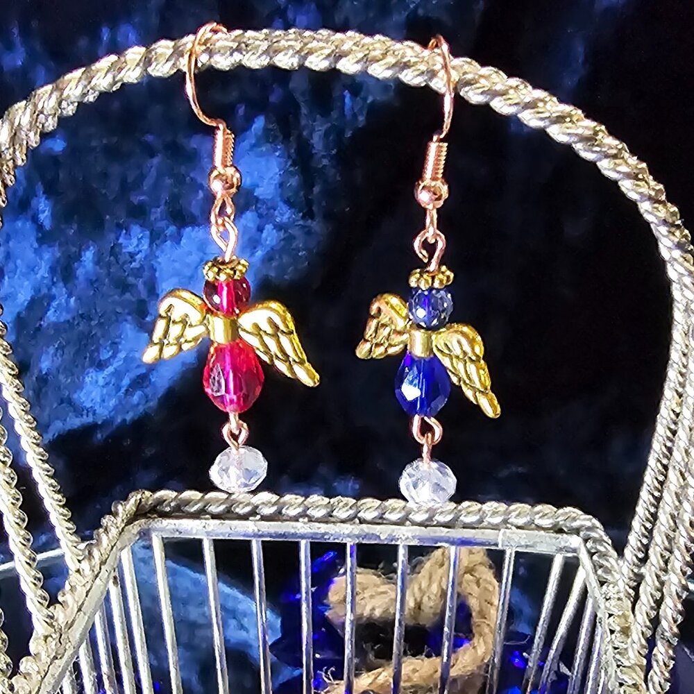 Red / Blue Beaded Golden Angel Dangle Earrings